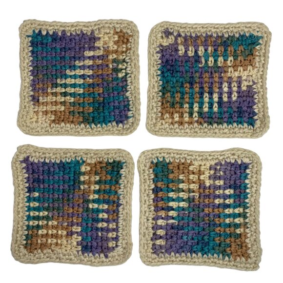 Mug Rugs Coasters Handmade Crochet Square Beige Tan Teal Vinyl Back Set of 4 - Picture 11 of 11